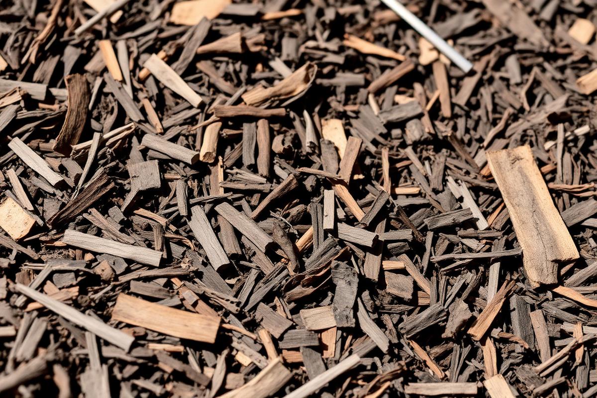 Close-up of dark shredded bark mulch